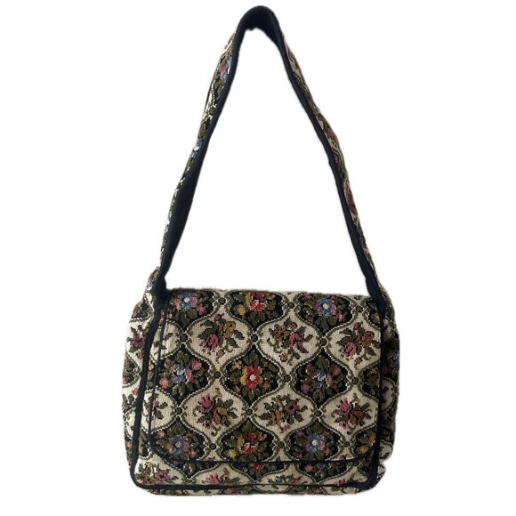 Vintage Floral Needlepoint Embroidered Suede Leather Lining Messenger Bag - Picture 1 of 6